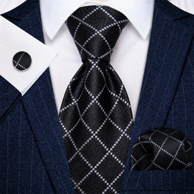 Ties2you Black Necktie Silver Grey Checkered Men's Wedding Tie Set sold by Ties2You