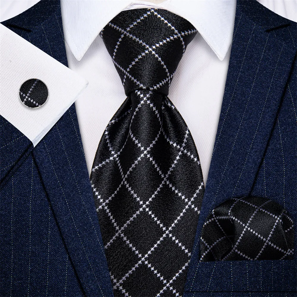 Ties2you Black Necktie Silver Grey Checkered Men's Wedding Tie Set sold by Ties2You