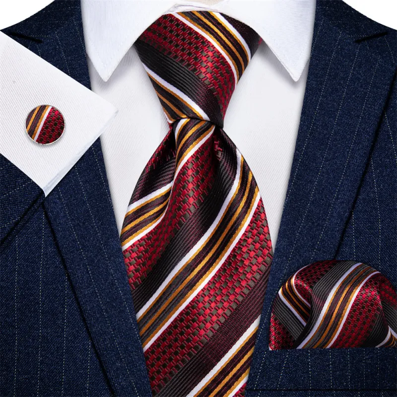 Ties2you Red Ties Burgundy gold White Stripes Novelty Men Necktie Set sold by Ties2You