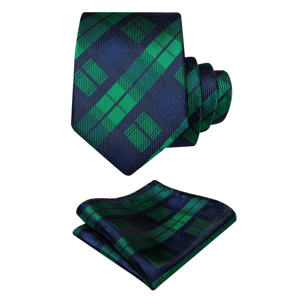 Ties2you Dark Green Neck Tie Blue Checkered Tie Hanky Cufflinks Set sold by Ties2You product image thumbnail 4