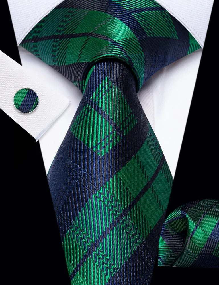 Ties2you Dark Green Neck Tie Blue Checkered Tie Hanky Cufflinks Set sold by Ties2You product image thumbnail 2