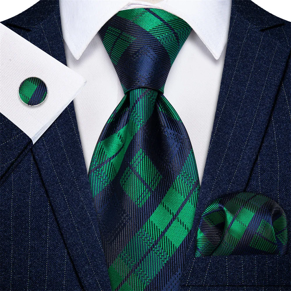 Ties2you Dark Green Neck Tie Blue Checkered Tie Hanky Cufflinks Set sold by Ties2You