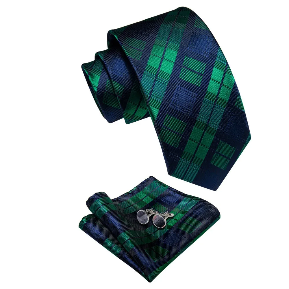Ties2you Dark Green Neck Tie Blue Checkered Tie Hanky Cufflinks Set sold by Ties2You product image thumbnail 5