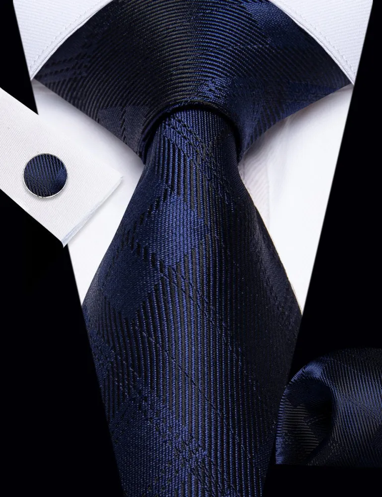 Ties2you Black Necktie Deep Blue Plaid Men's Tie Hanky Cufflinks Set sold by Ties2You product image thumbnail 2