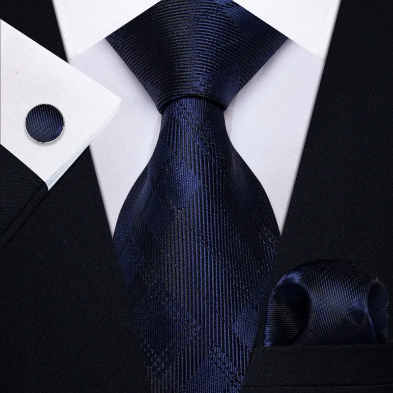 Ties2you Black Necktie Deep Blue Plaid Men's Tie Hanky Cufflinks Set sold by Ties2You