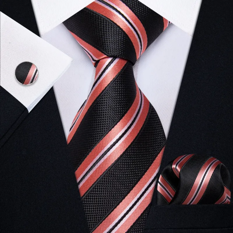 Ties2you Black Necktie Coral Red Stripes Men's Tie Hanky Cufflinks Set sold by Ties2You