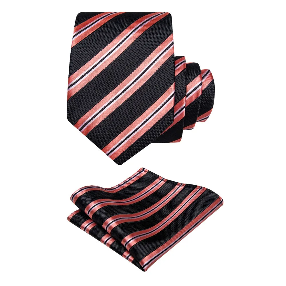 Ties2you Black Necktie Coral Red Stripes Men's Tie Hanky Cufflinks Set sold by Ties2You product image thumbnail 4