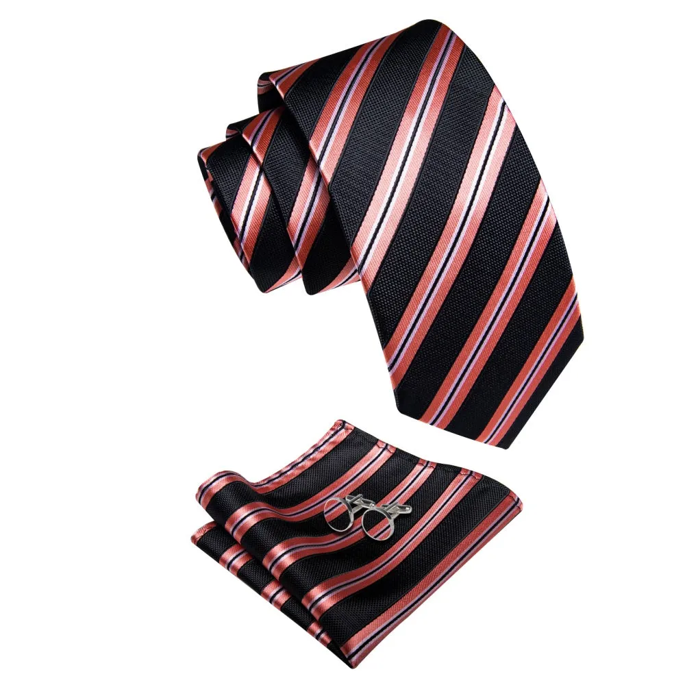 Ties2you Black Necktie Coral Red Stripes Men's Tie Hanky Cufflinks Set sold by Ties2You product image thumbnail 5