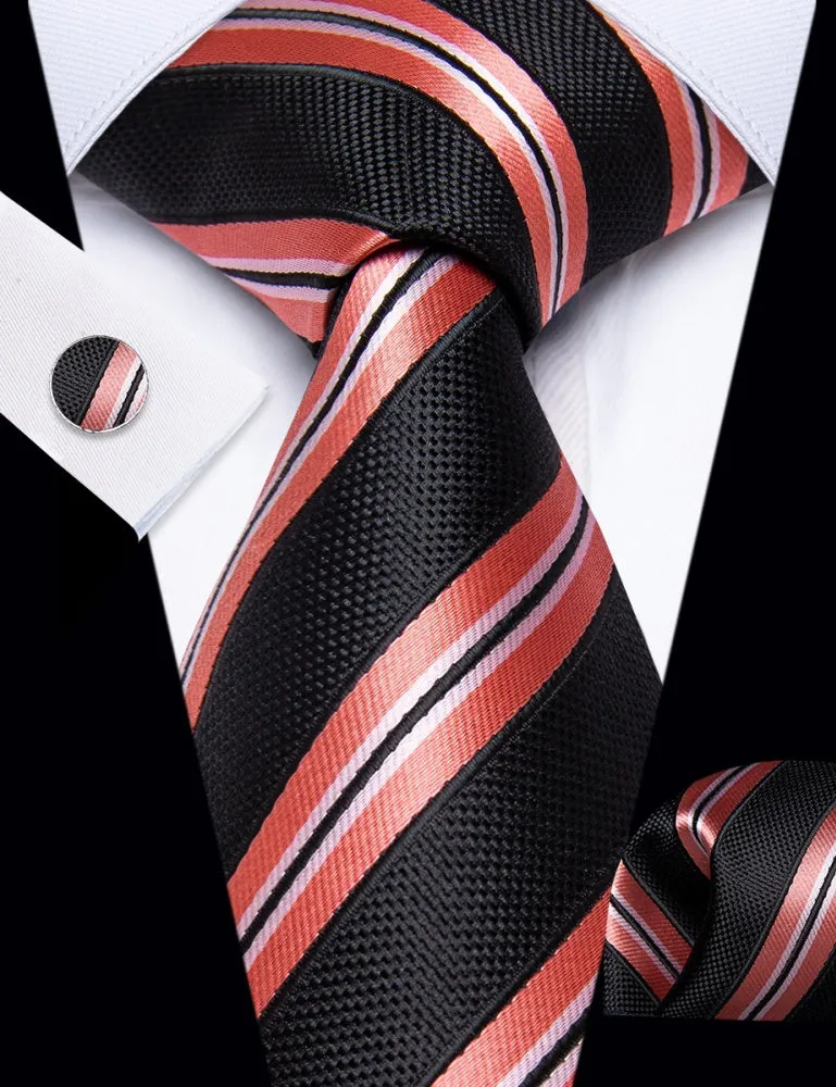 Ties2you Black Necktie Coral Red Stripes Men's Tie Hanky Cufflinks Set sold by Ties2You product image thumbnail 2