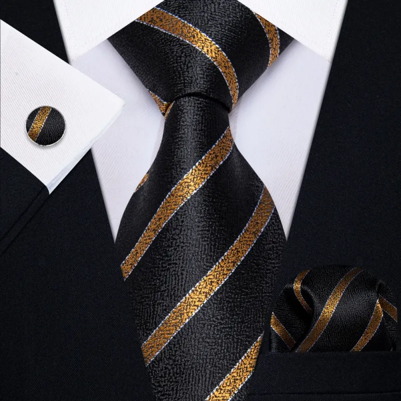 Ties2you Black Necktie Gold Stripes Men's Tie Hanky Cufflinks Set sold by Ties2You