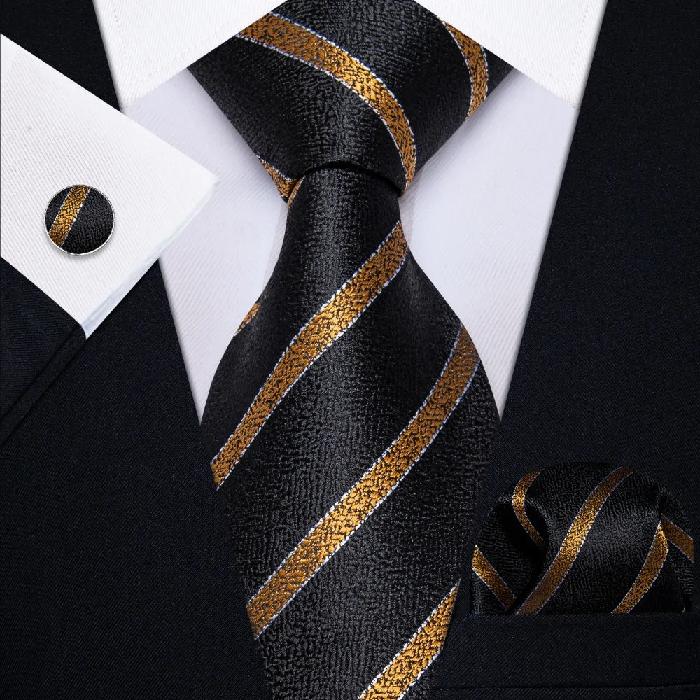 Ties2you Black Necktie Gold Stripes Men's Tie Hanky Cufflinks Set sold by Ties2You