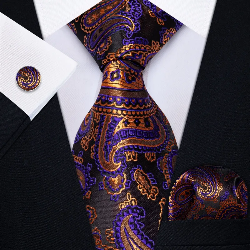 Ties2you Brown Tie Orange Purple Paisley Men's Tie Hanky Cufflinks Set sold by Ties2You