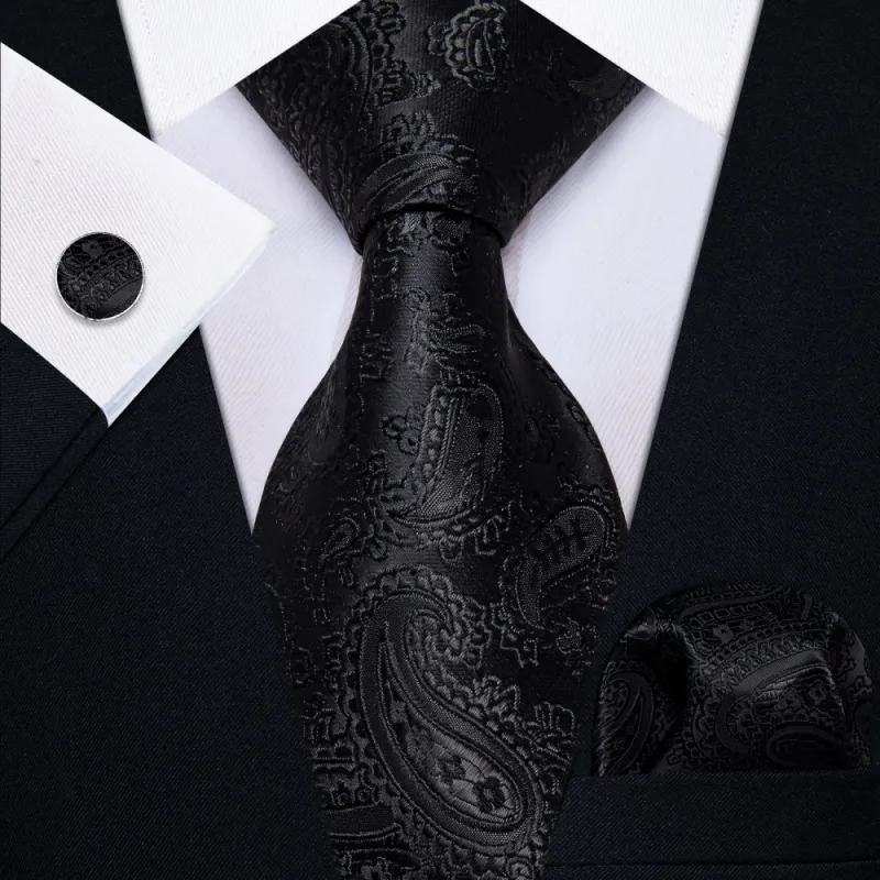 Ties2you Black Ties Paisley Jacquard Wedding Tie Hanky Cufflinks Set sold by Ties2You