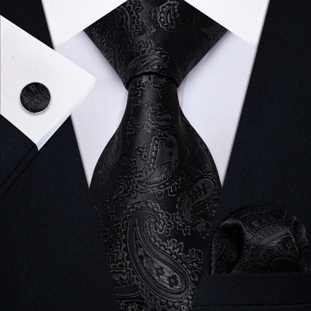 Ties2you Black Ties Paisley Jacquard Wedding Tie Hanky Cufflinks Set sold by Ties2You