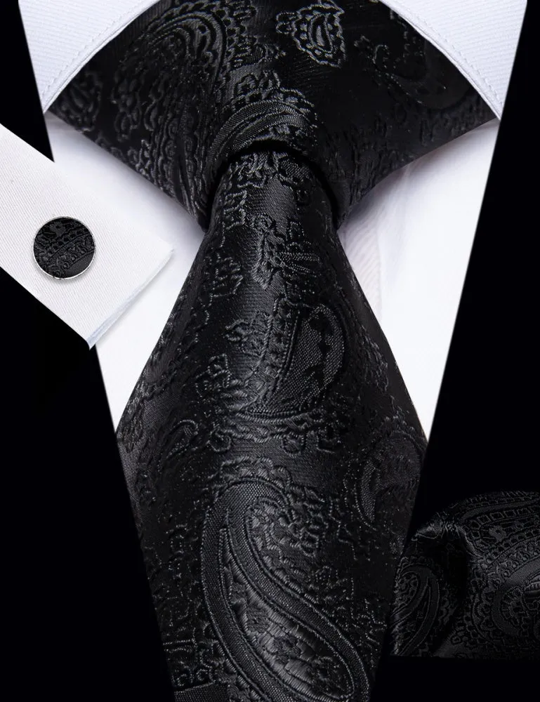 Ties2you Black Ties Paisley Jacquard Wedding Tie Hanky Cufflinks Set sold by Ties2You product image thumbnail 2