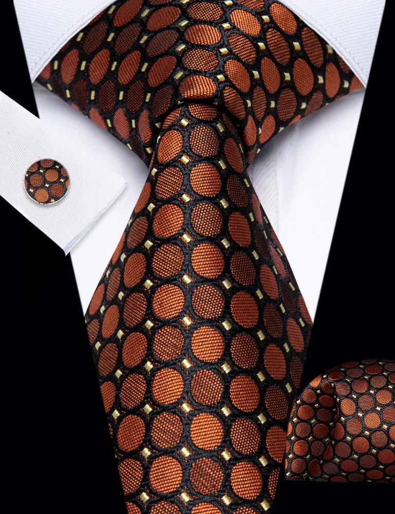 Ties2you Burnt Orange Mens Tie Geometric Formal Necktie Hanky Cufflinks Set sold by Ties2You product image thumbnail 2