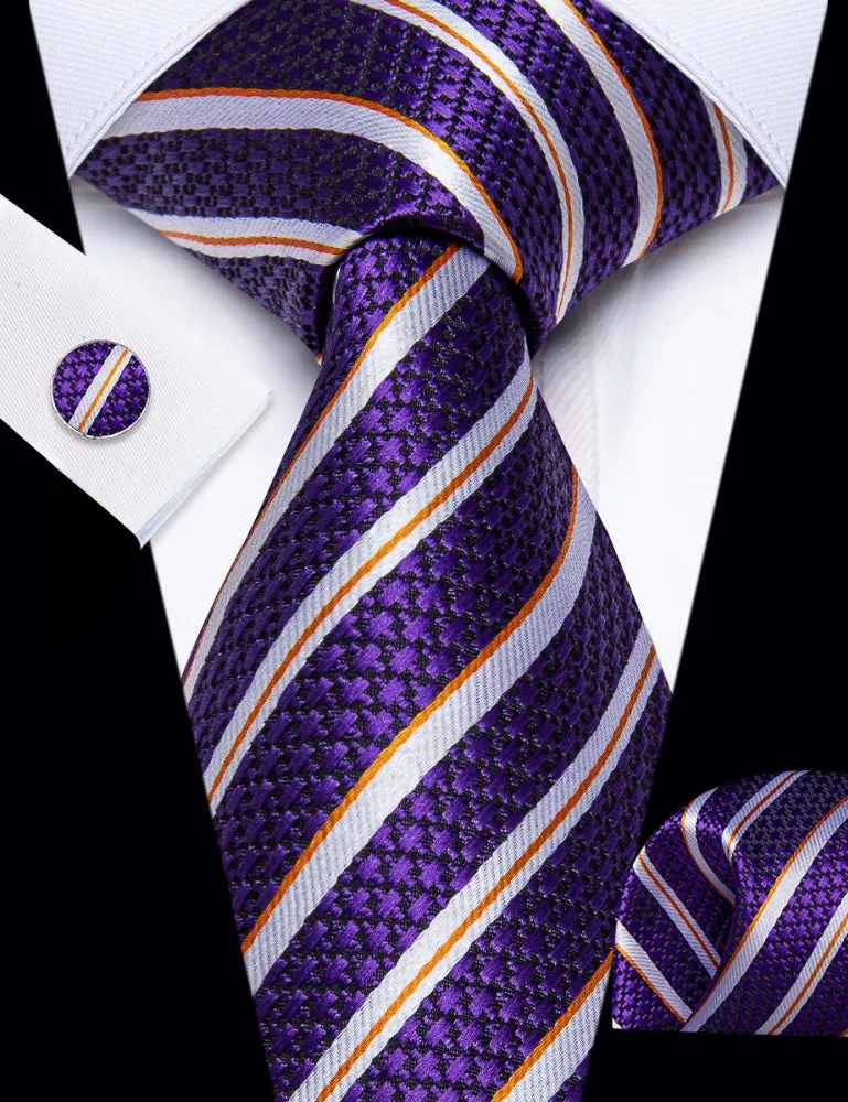 Ties2you Purple Tie White Stripes Orange Line Tie Hanky Cufflinks Set sold by Ties2You product image thumbnail 2