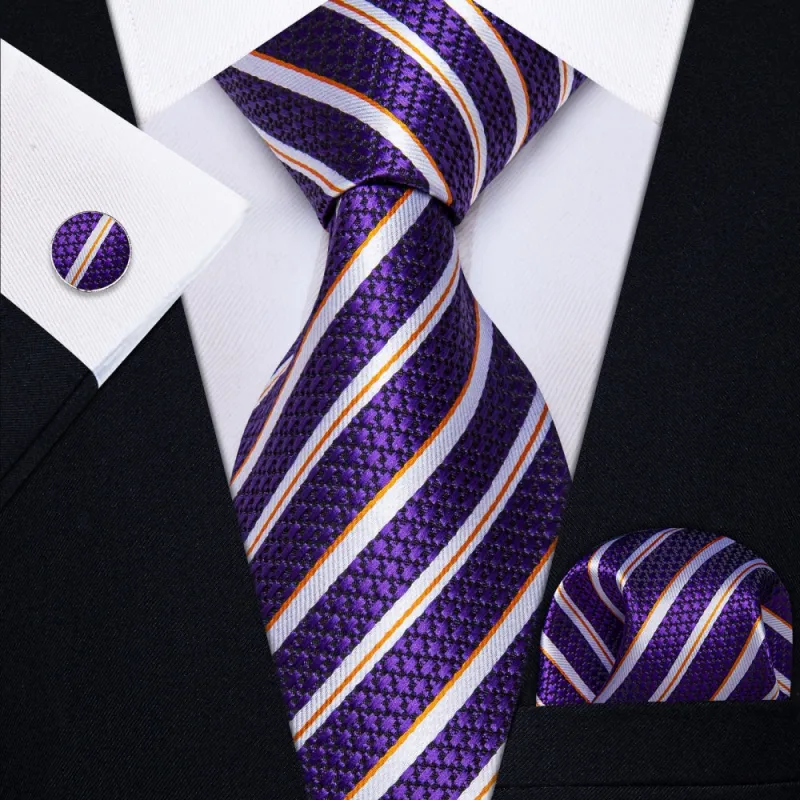 Ties2you Purple Tie White Stripes Orange Line Tie Hanky Cufflinks Set sold by Ties2You