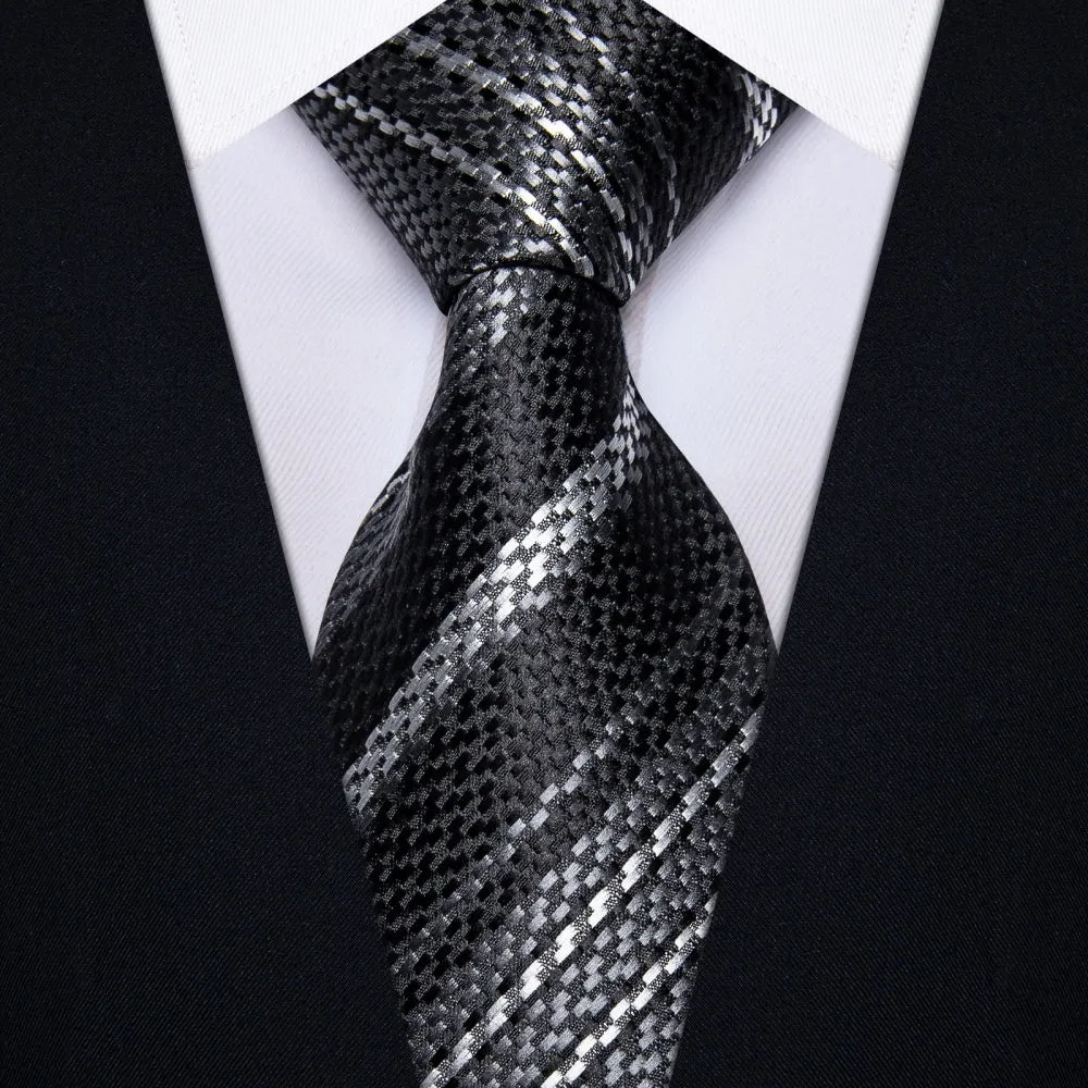 Ties2you Tie Black Grey White Stripes Wedding Tie Hanky Cufflinks Set sold by Ties2You product image thumbnail 2