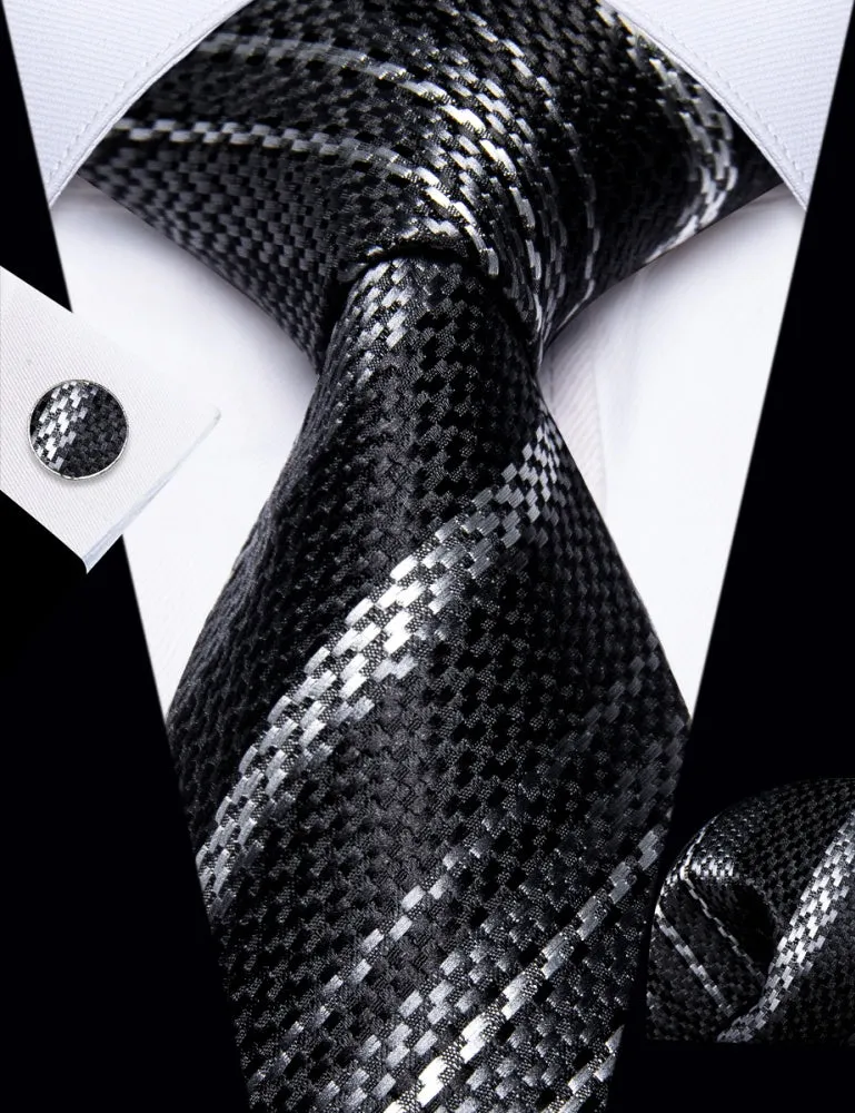 Ties2you Tie Black Grey White Stripes Wedding Tie Hanky Cufflinks Set sold by Ties2You product image thumbnail 3