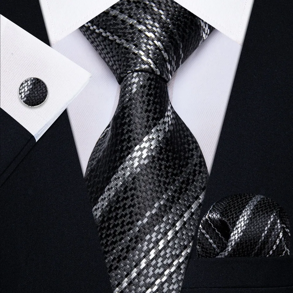 Ties2you Tie Black Grey White Stripes Wedding Tie Hanky Cufflinks Set sold by Ties2You