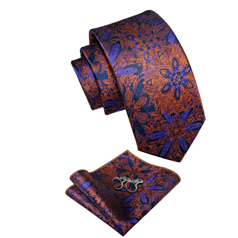 Ties2you Orange Blue Purple Jacquard Floral Tie Hanky Cufflinks Set sold by Ties2You product image thumbnail 4