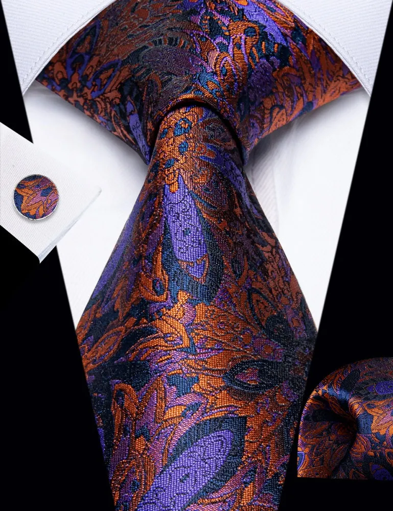 Ties2you Orange Blue Purple Jacquard Floral Tie Hanky Cufflinks Set sold by Ties2You product image thumbnail 3