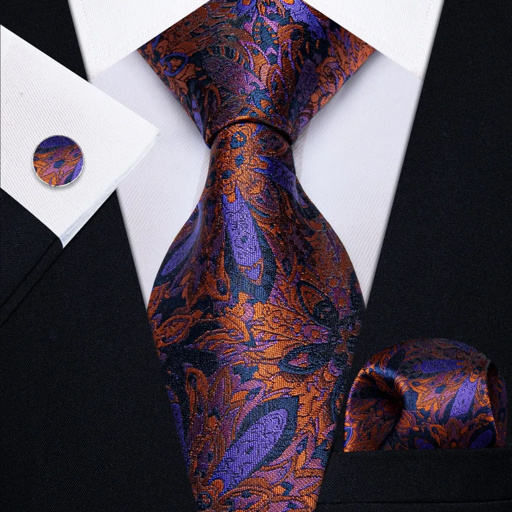 Ties2you Orange Blue Purple Jacquard Floral Tie Hanky Cufflinks Set sold by Ties2You