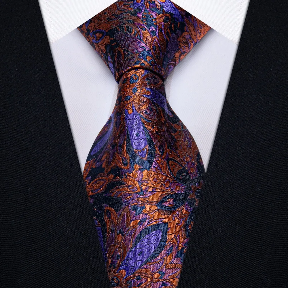 Ties2you Orange Blue Purple Jacquard Floral Tie Hanky Cufflinks Set sold by Ties2You product image thumbnail 2