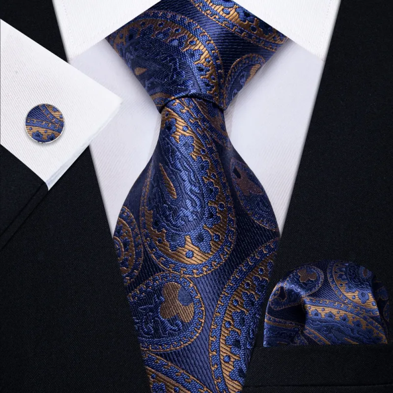 Ties2you Dark Blue Tie Brown Jacquard Paisley Tie Hanky Cufflink Set made by Ties2You