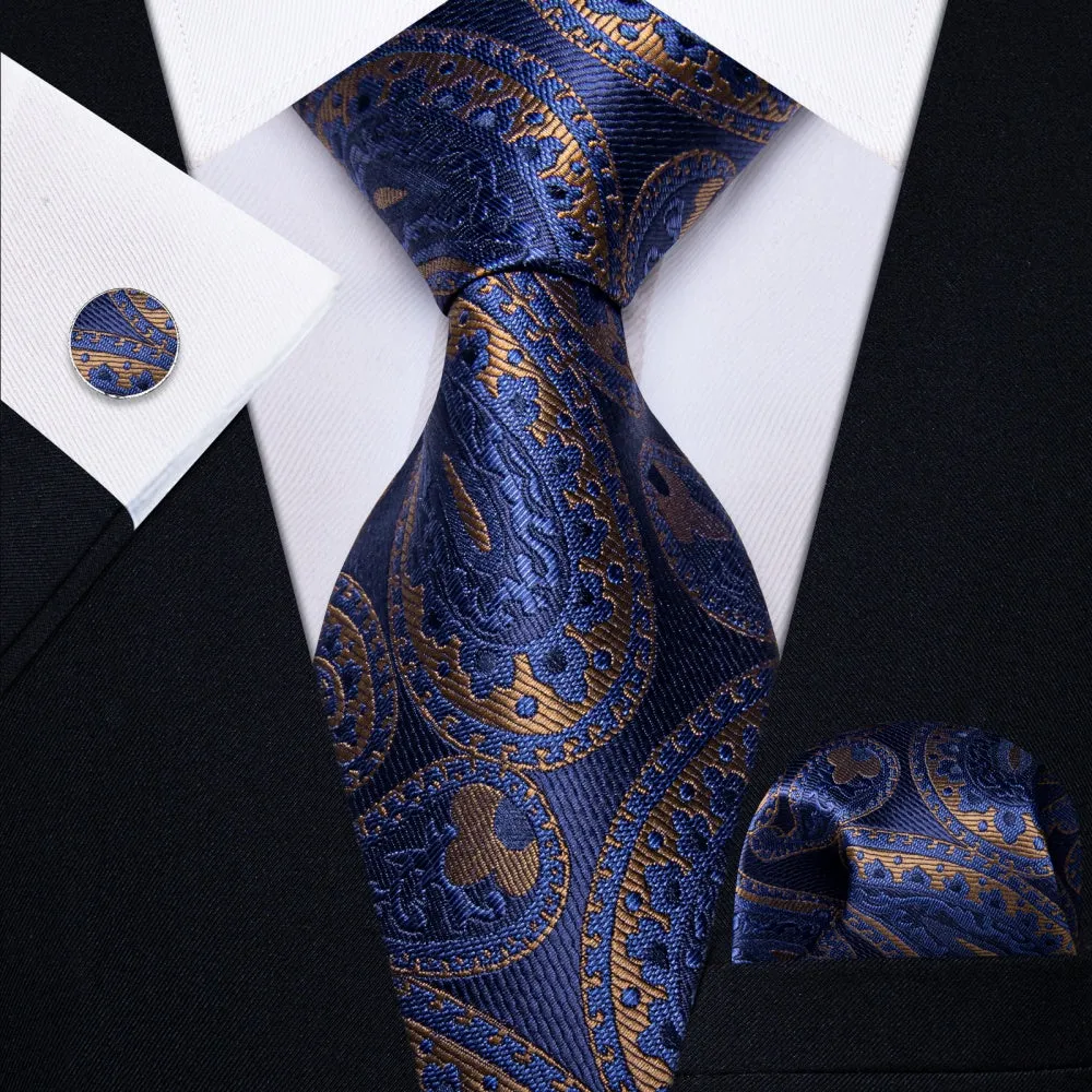 Ties2you Dark Blue Tie Brown Jacquard Paisley Tie Hanky Cufflink Set sold by Ties2You