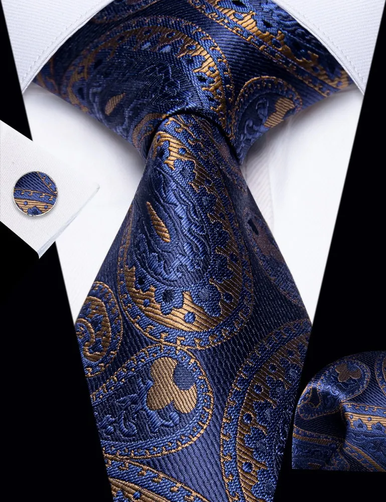 Ties2you Dark Blue Tie Brown Jacquard Paisley Tie Hanky Cufflink Set sold by Ties2You product image thumbnail 3