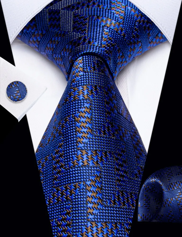 Ties2you Navy Blue Tie Brown Jacquard Geometric Tie Hanky Cufflink Set sold by Ties2You product image thumbnail 3