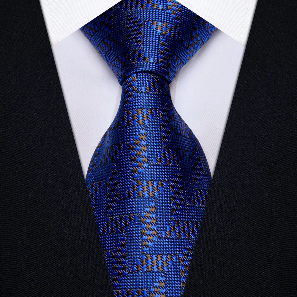 Ties2you Navy Blue Tie Brown Jacquard Geometric Tie Hanky Cufflink Set sold by Ties2You product image thumbnail 2