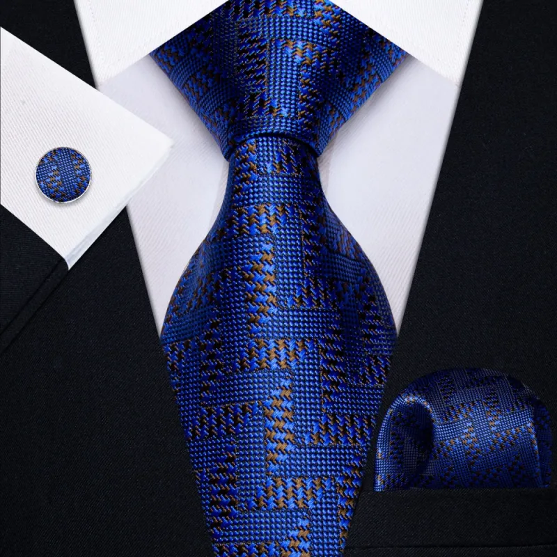 Ties2you Navy Blue Tie Brown Jacquard Geometric Tie Hanky Cufflink Set sold by Ties2You