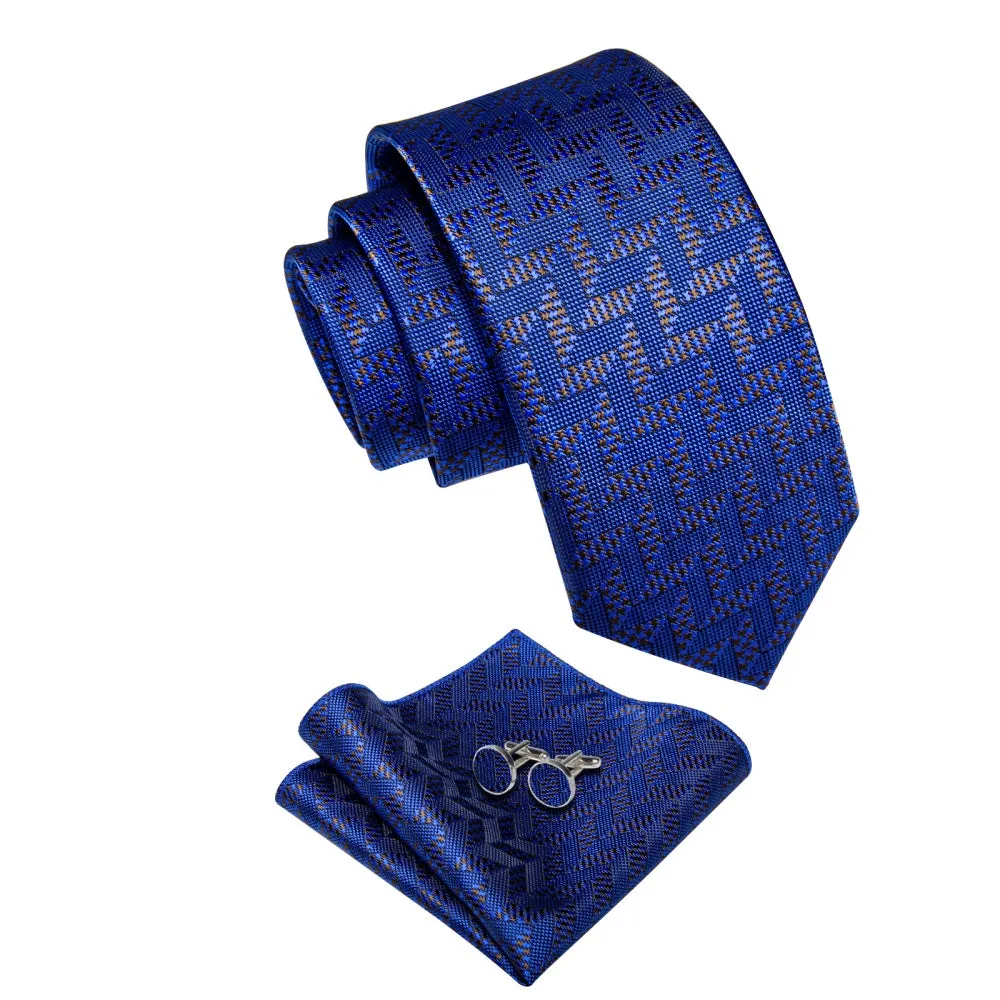 Ties2you Navy Blue Tie Brown Jacquard Geometric Tie Hanky Cufflink Set sold by Ties2You product image thumbnail 4