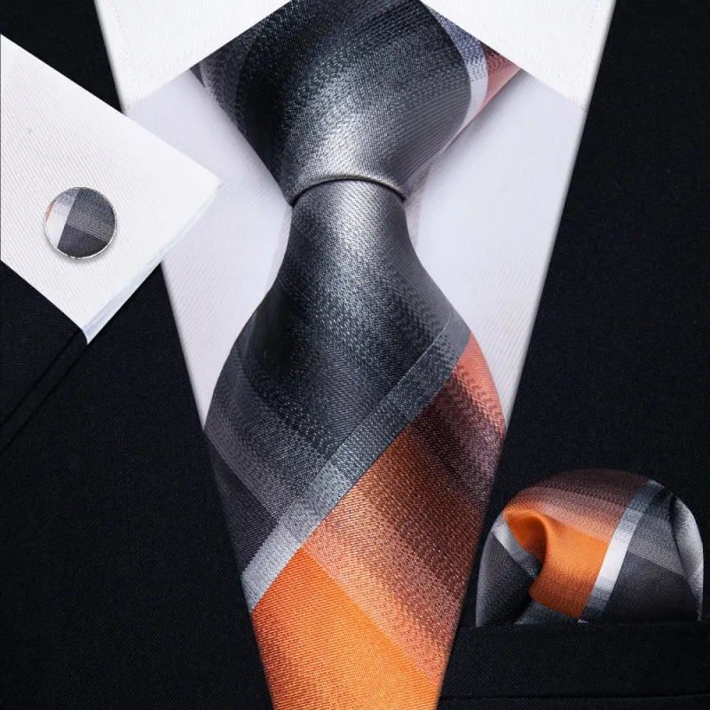 Ties2you Silver Grey Orange Checkered Men's Tie Hanky Cufflinks Set sold by Ties2You