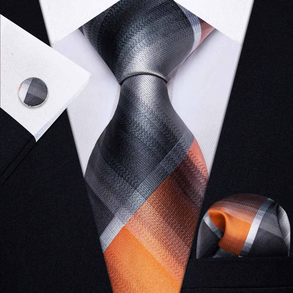 Ties2you Silver Grey Orange Checkered Men's Tie Hanky Cufflinks Set sold by Ties2You