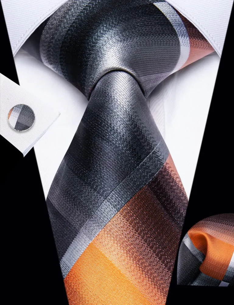 Ties2you Silver Grey Orange Checkered Men's Tie Hanky Cufflinks Set sold by Ties2You product image thumbnail 3