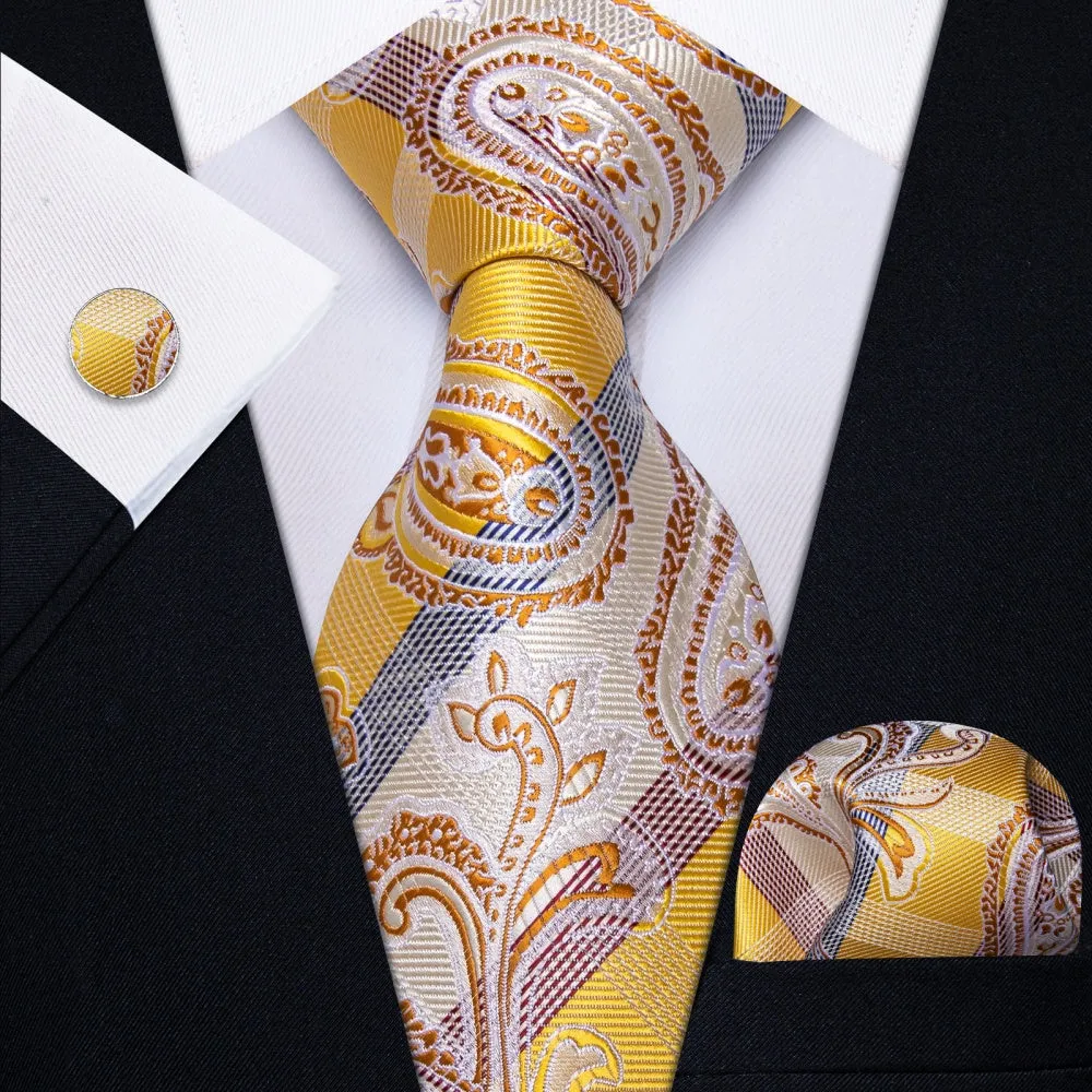 Ties2you Yellow Tie Champagne Color Jacquard Tie Hanky Cufflinks Set sold by Ties2You