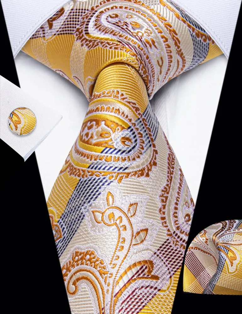 Ties2you Yellow Tie Champagne Color Jacquard Tie Hanky Cufflinks Set sold by Ties2You product image thumbnail 2