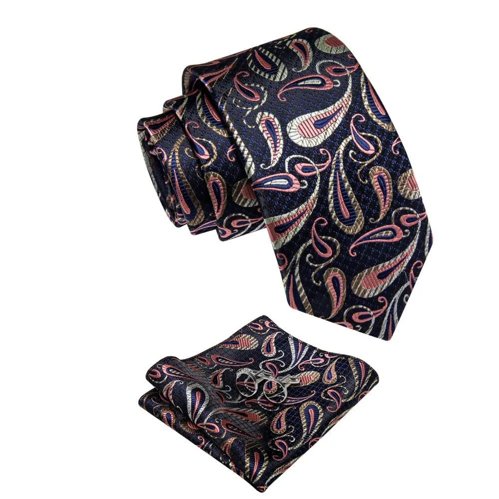 Ties2you Black Tie Pink Jacquard Paisley Necktie Hanky Cufflinks Set sold by Ties2You product image thumbnail 4