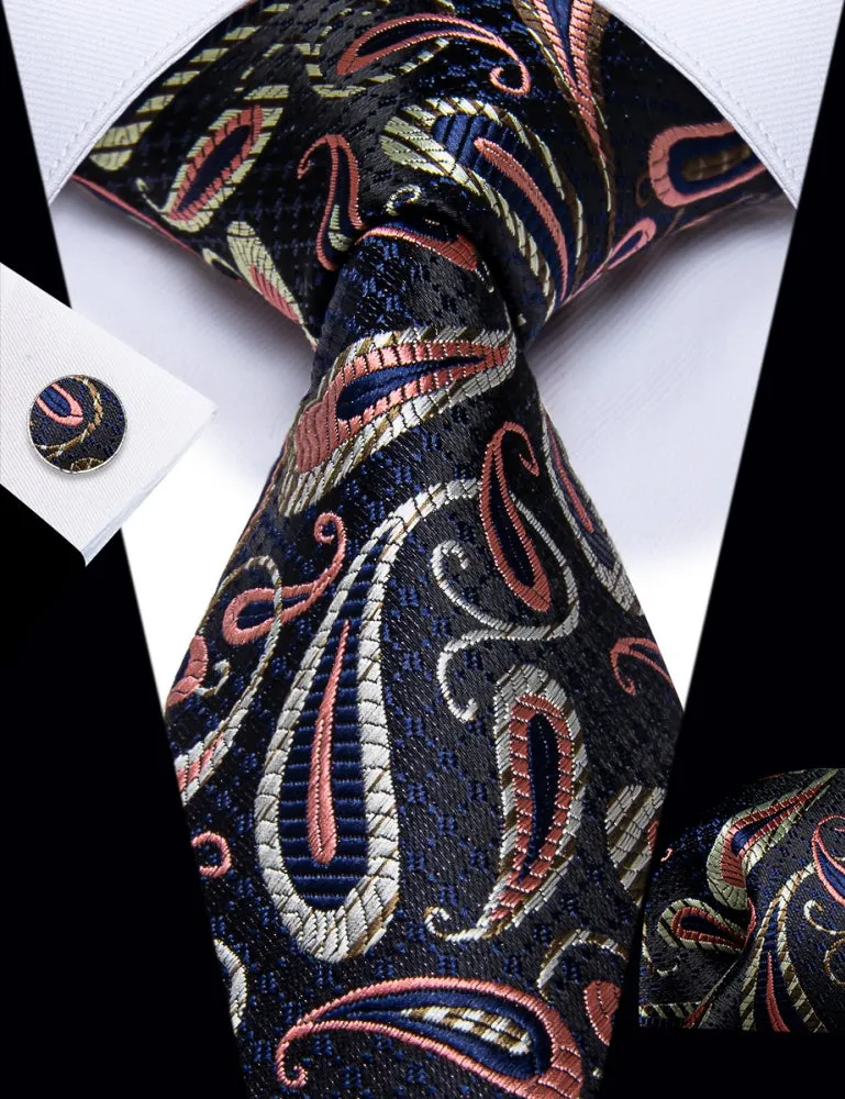 Ties2you Black Tie Pink Jacquard Paisley Necktie Hanky Cufflinks Set sold by Ties2You product image thumbnail 3