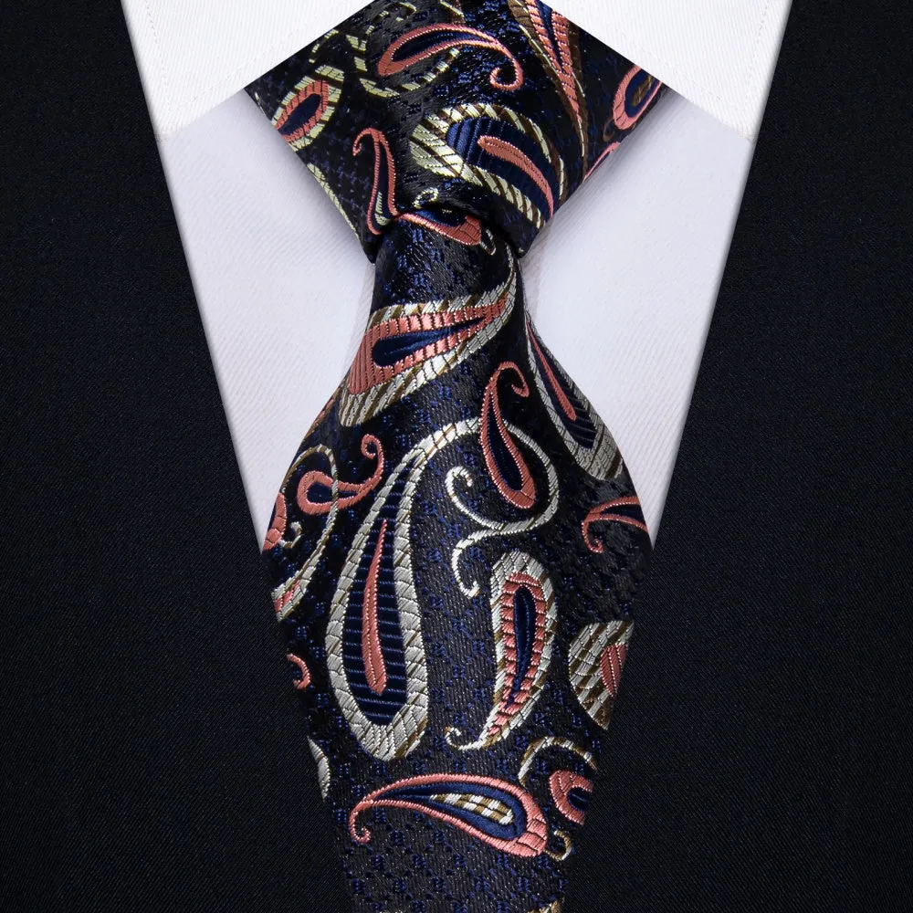 Ties2you Black Tie Pink Jacquard Paisley Necktie Hanky Cufflinks Set sold by Ties2You product image thumbnail 2