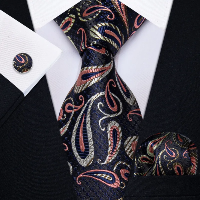 Ties2you Black Tie Pink Jacquard Paisley Necktie Hanky Cufflinks Set sold by Ties2You