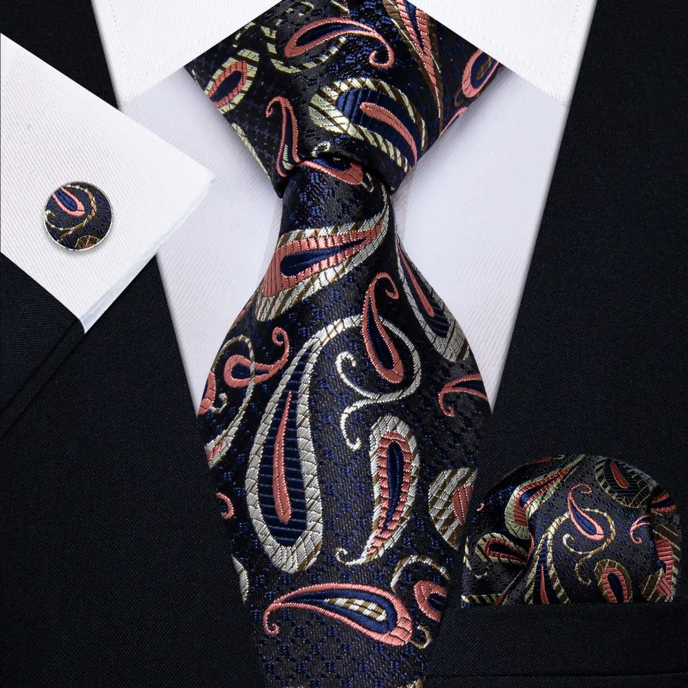 Ties2you Black Tie Pink Jacquard Paisley Necktie Hanky Cufflinks Set sold by Ties2You