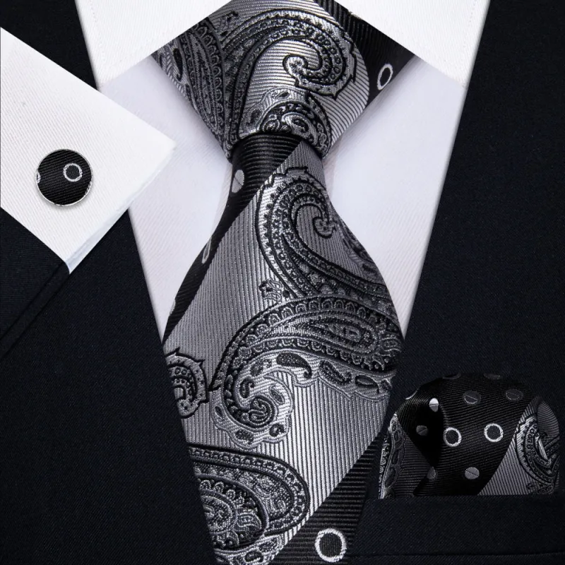 Ties2you Black Dark Grey Wedding TIe Polka Dot Tie Hanky Cufflinks Set sold by Ties2You