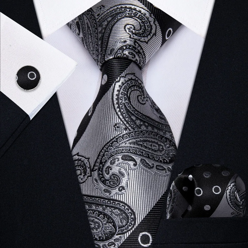 Ties2you Black Dark Grey Wedding TIe Polka Dot Tie Hanky Cufflinks Set sold by Ties2You