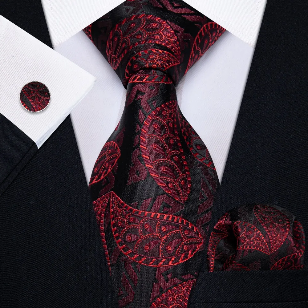 Ties2you Red Jacquard Paisley Black Necktie Pocket Square Cufflink Set sold by Ties2You