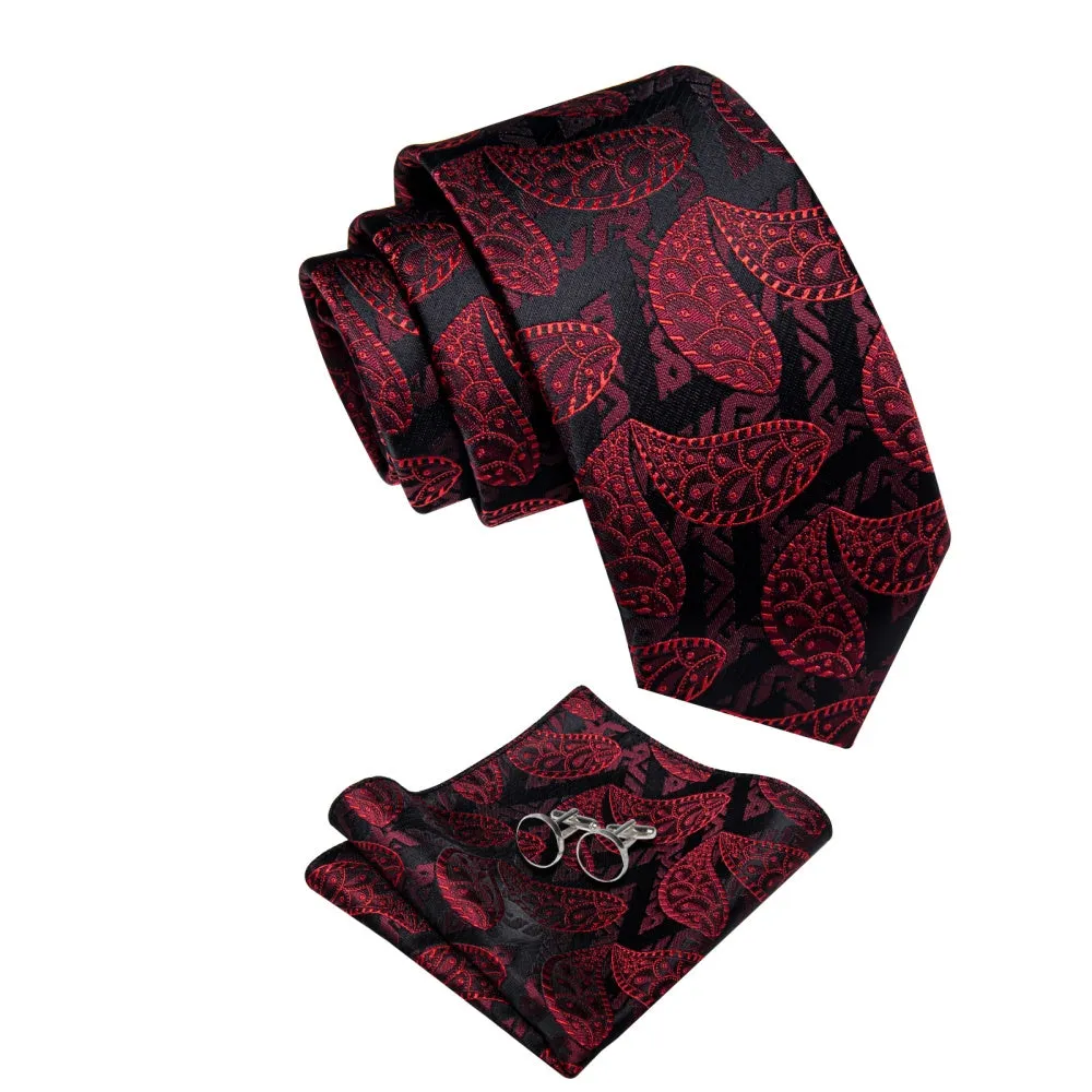 Ties2you Red Jacquard Paisley Black Necktie Pocket Square Cufflink Set sold by Ties2You product image thumbnail 3